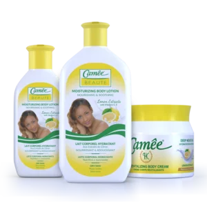 camee body lotion with lemon oil and vitamin C and E for dry african skin