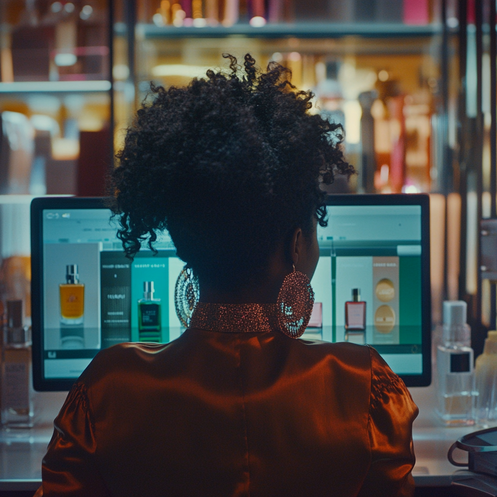 buying perfume online. lady has back to the camera and is facing computer screen