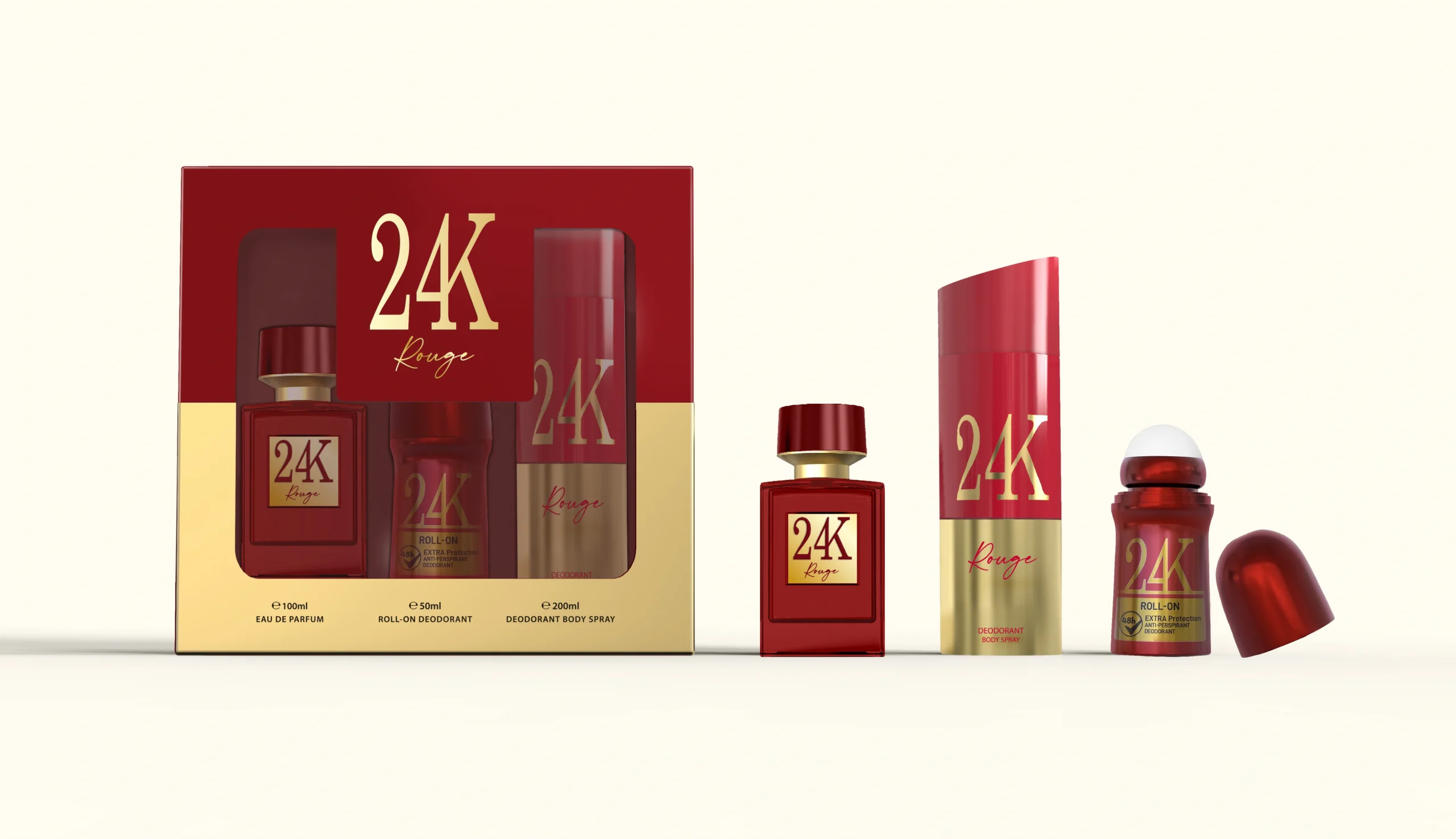 24k rouge gift set with 100ml eau de parfum, 200ml body spray and 50ml roll on