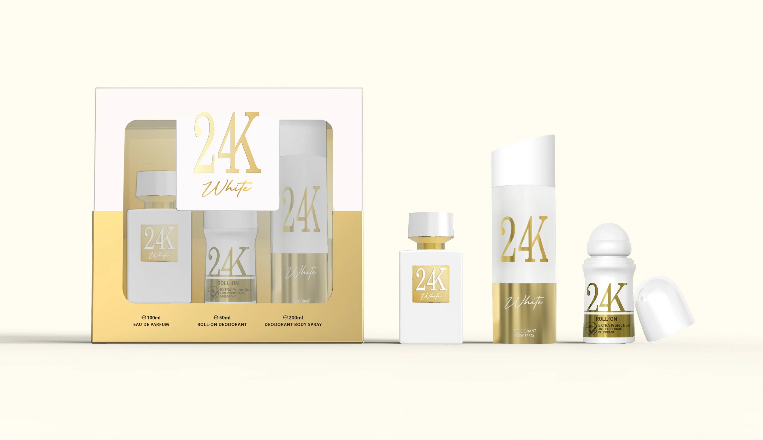 24k white gift set eau de parfum 100ml with roll on 50ml and 200ml body spray